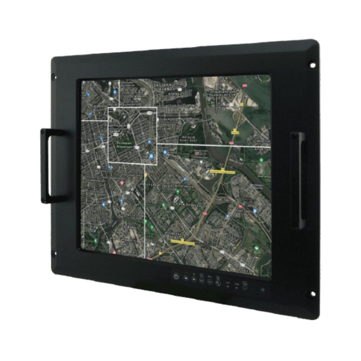 Winmate R17L100-RKA1ML rack mount monitor, angled front view with handles