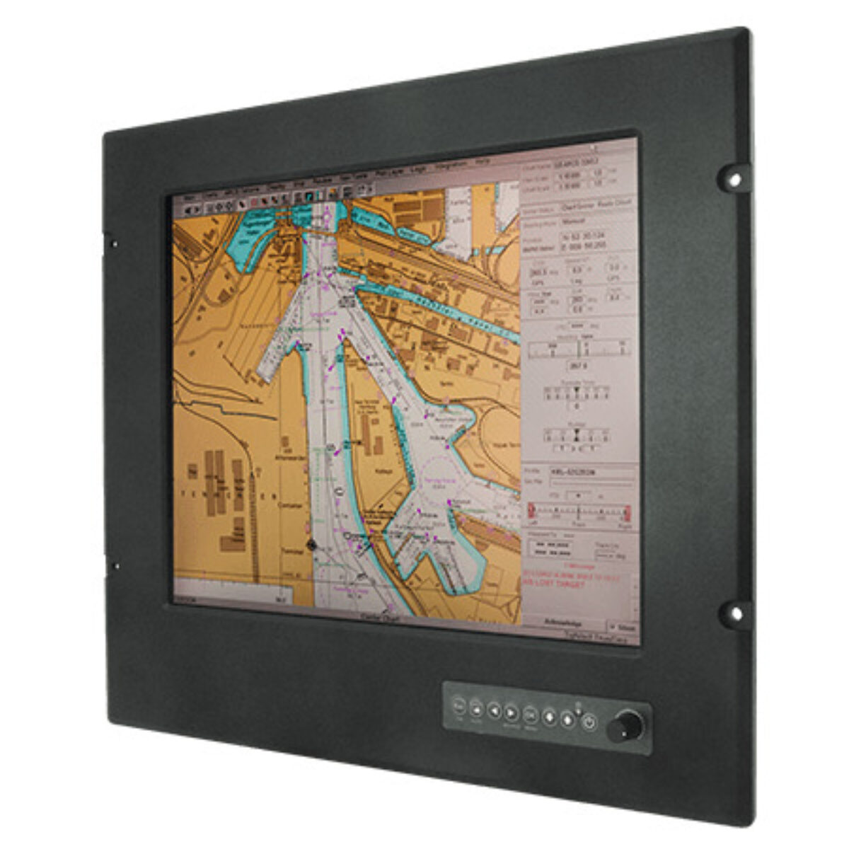Winmate R17L500-MRM1 marine monitor, angled front view with chart on screen, OSD keys and dimming knob