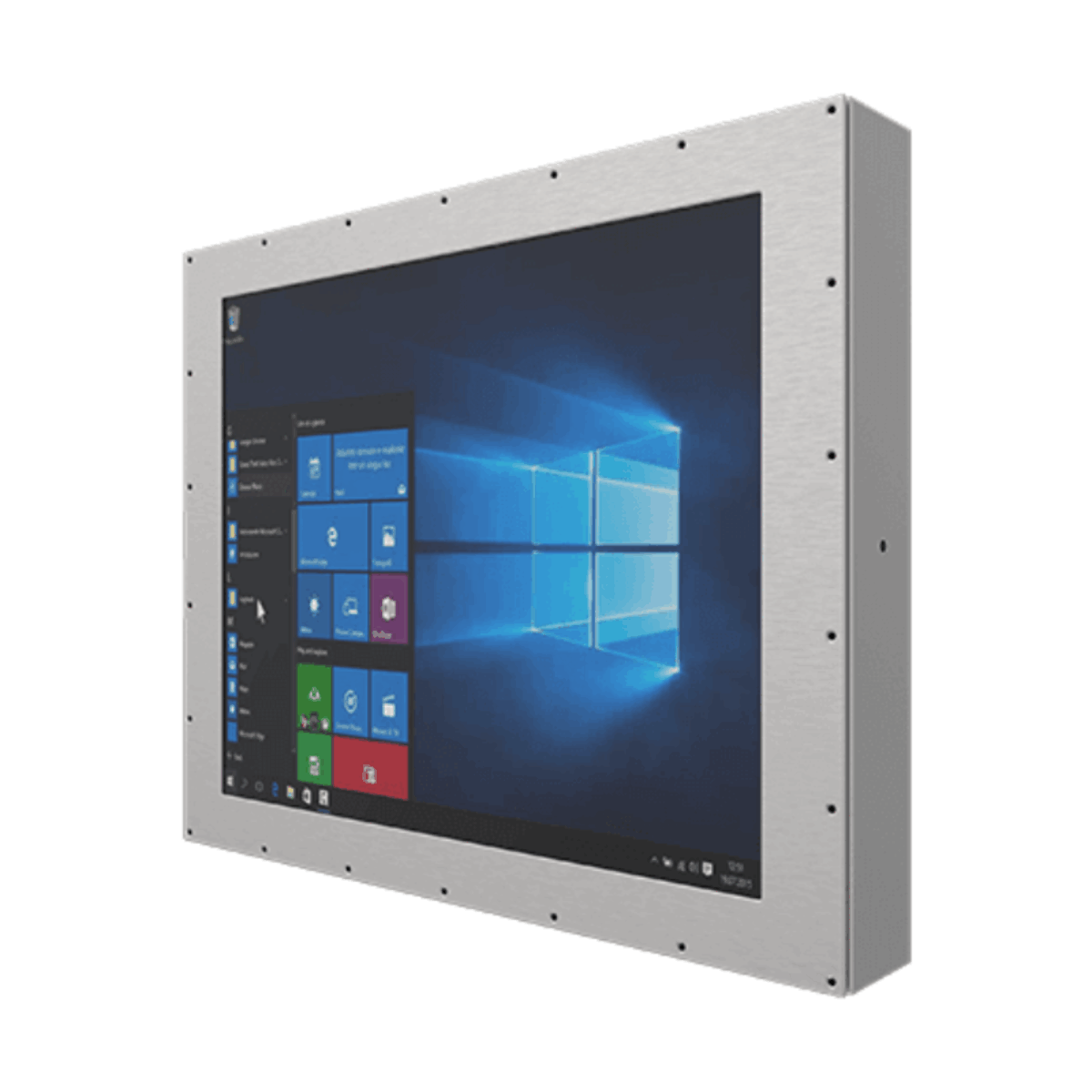 Winmate R19IE3S-67M1ST panel PC, stainless steel housing with screwed front bezel, angled view