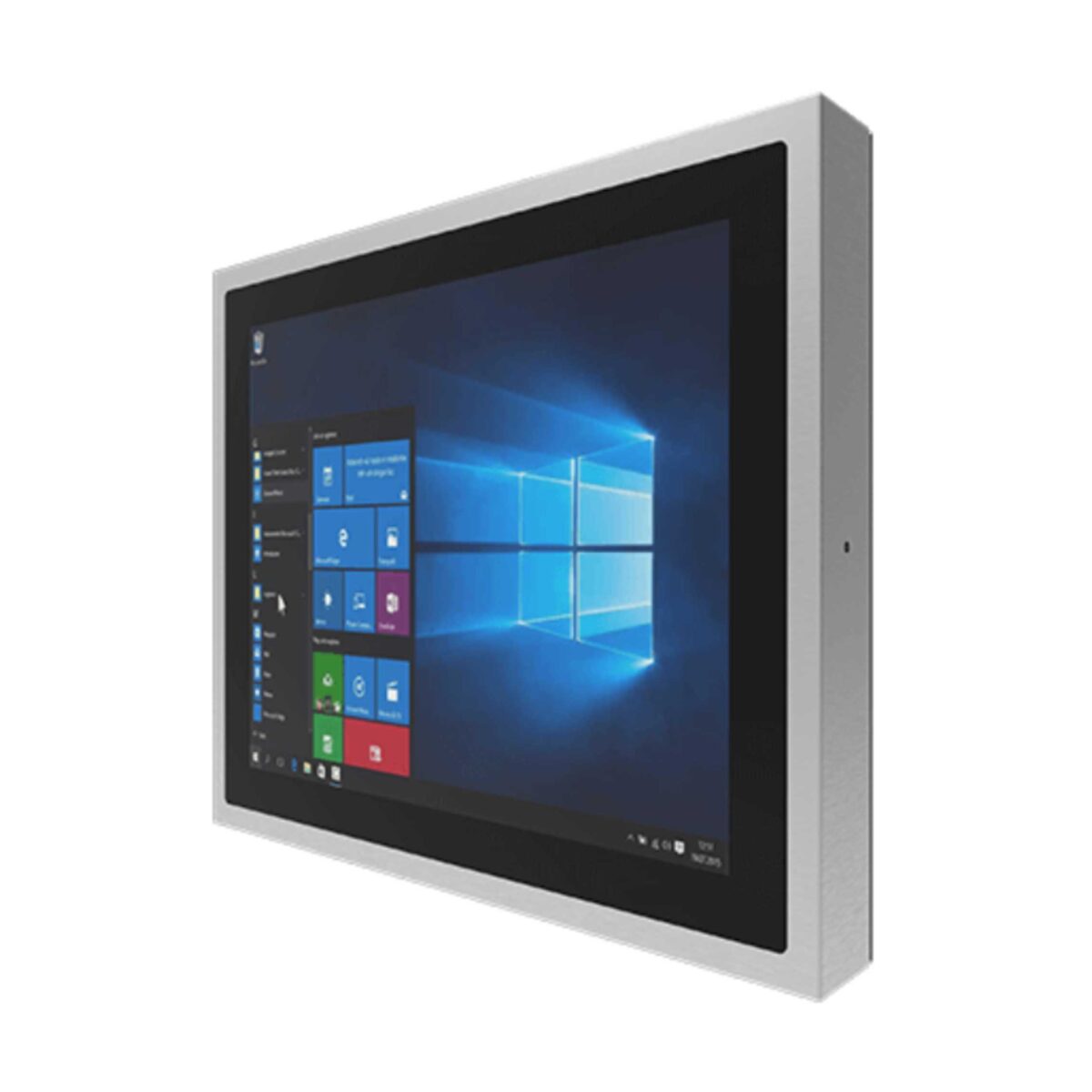 Winmate R19IE3S-SPM1 panel PC, flat black glass front in a stainless steel housing, angled view