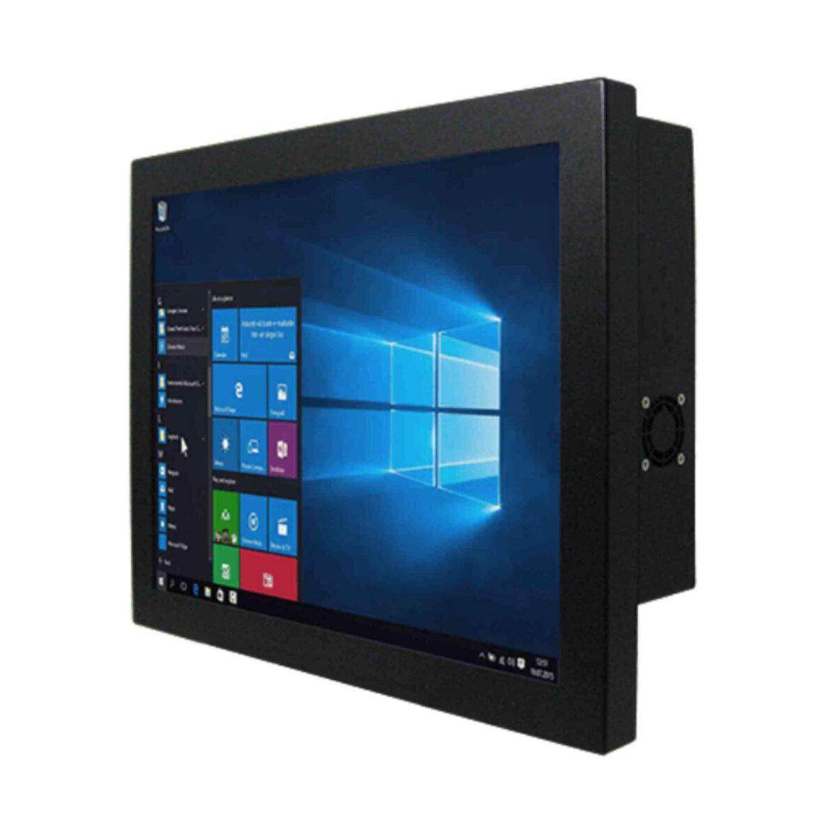 Winmate R19IF7T-CHA1 panel PC, black metal housing with side fan vent, angled view