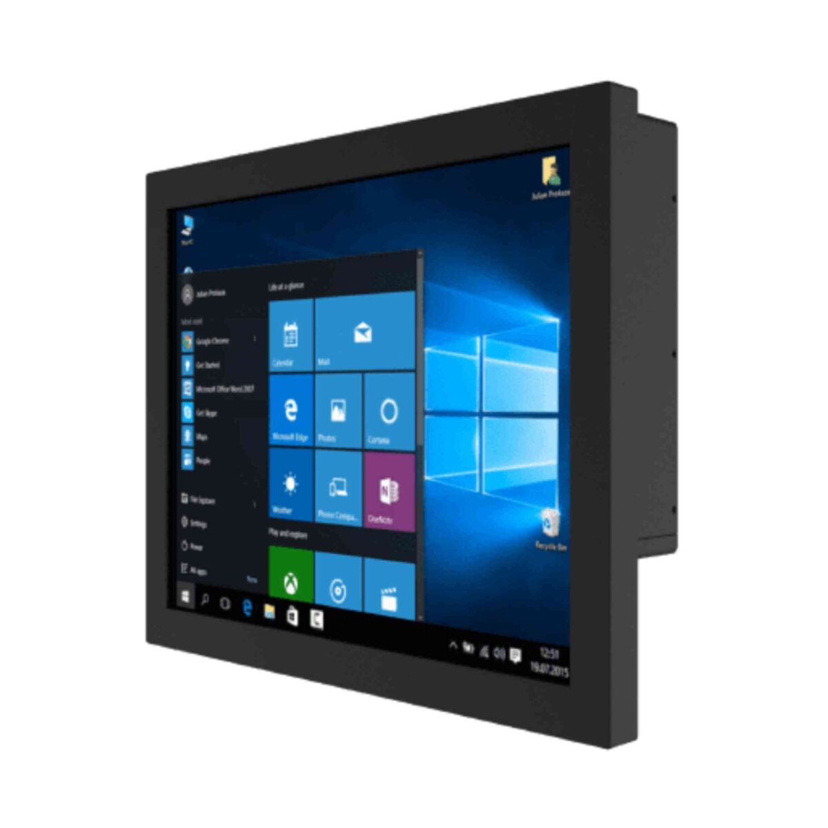 Winmate R19IT7T-CHA2WT panel PC, angled front view of the black chassis and display