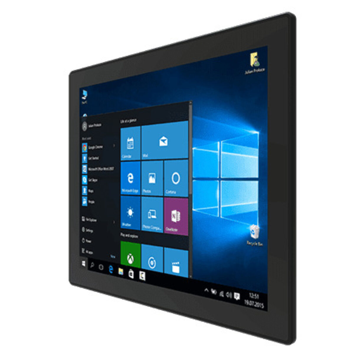 Winmate R19ITWS-MHA3-EX panel PC, angled front view of the flat black front