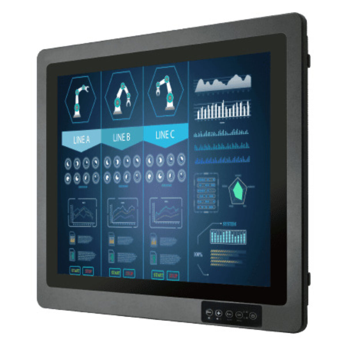 Winmate R19L100-67FTP(HB) industrial monitor, angled front view of the 19-inch screen with keypad below