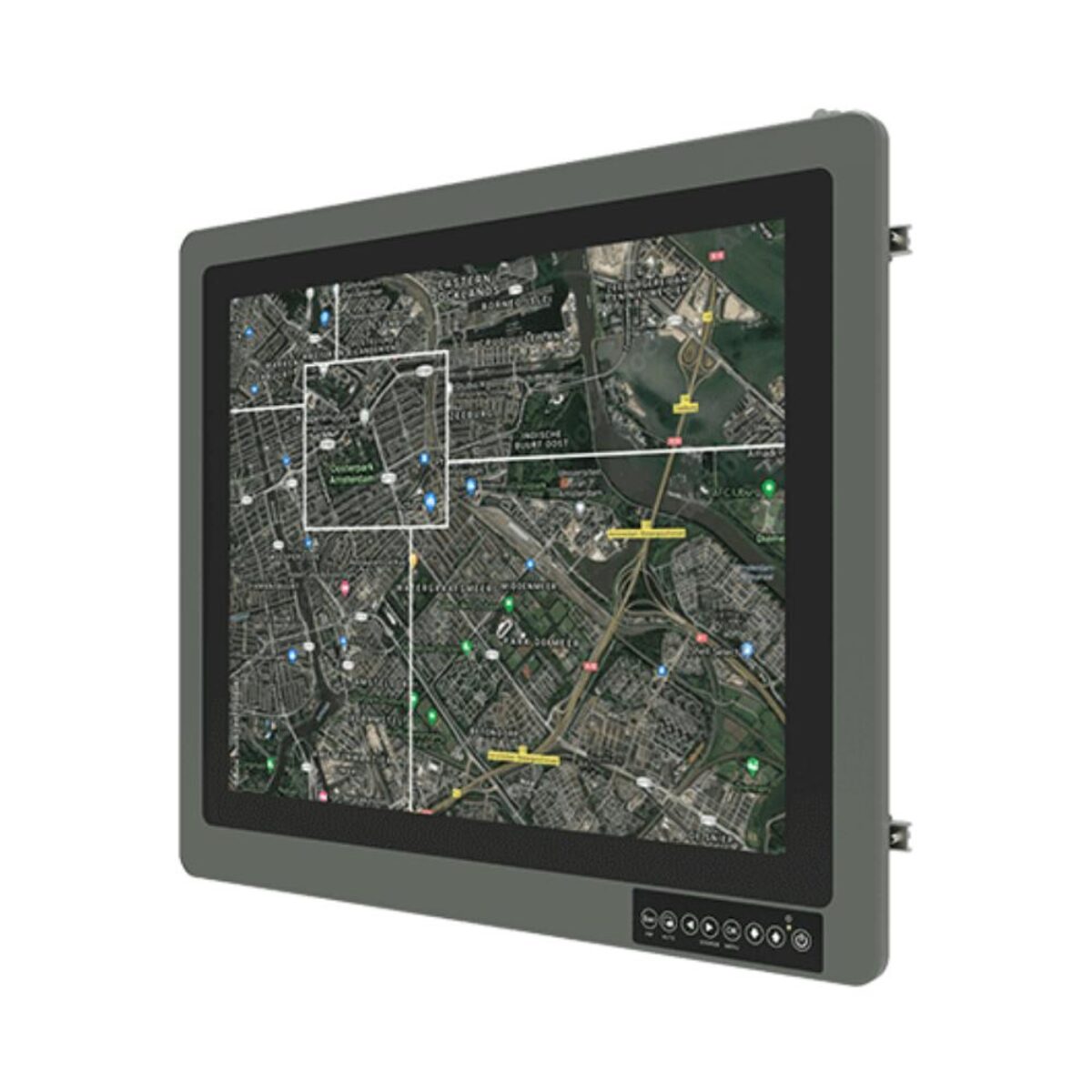 Winmate R19L100-MLA3 rugged monitor, angled front view of the grey housing and front keys