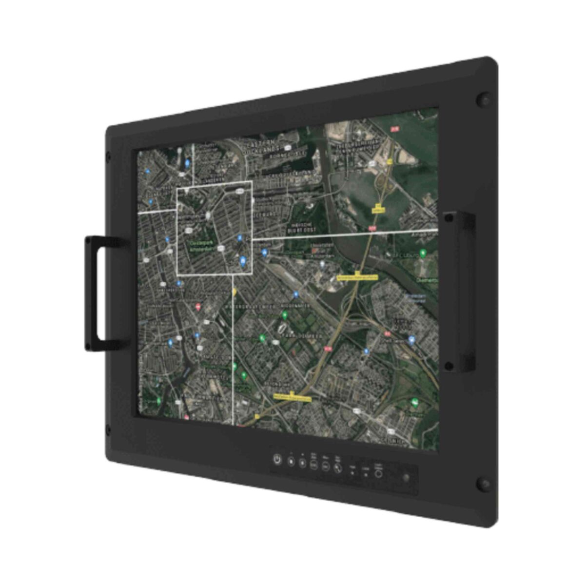 Winmate R19L100-RKA3ML rack mount monitor, angled front view with handles