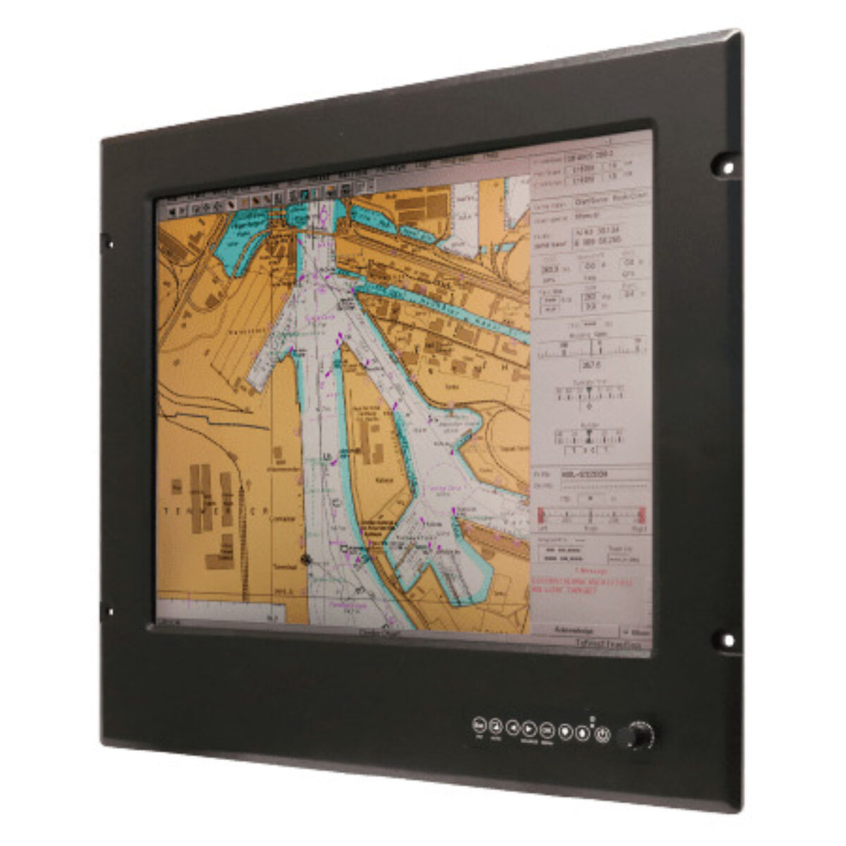 Winmate R19L300-MRA1 marine monitor, angled front view with chart, OSD keys and dimming knob
