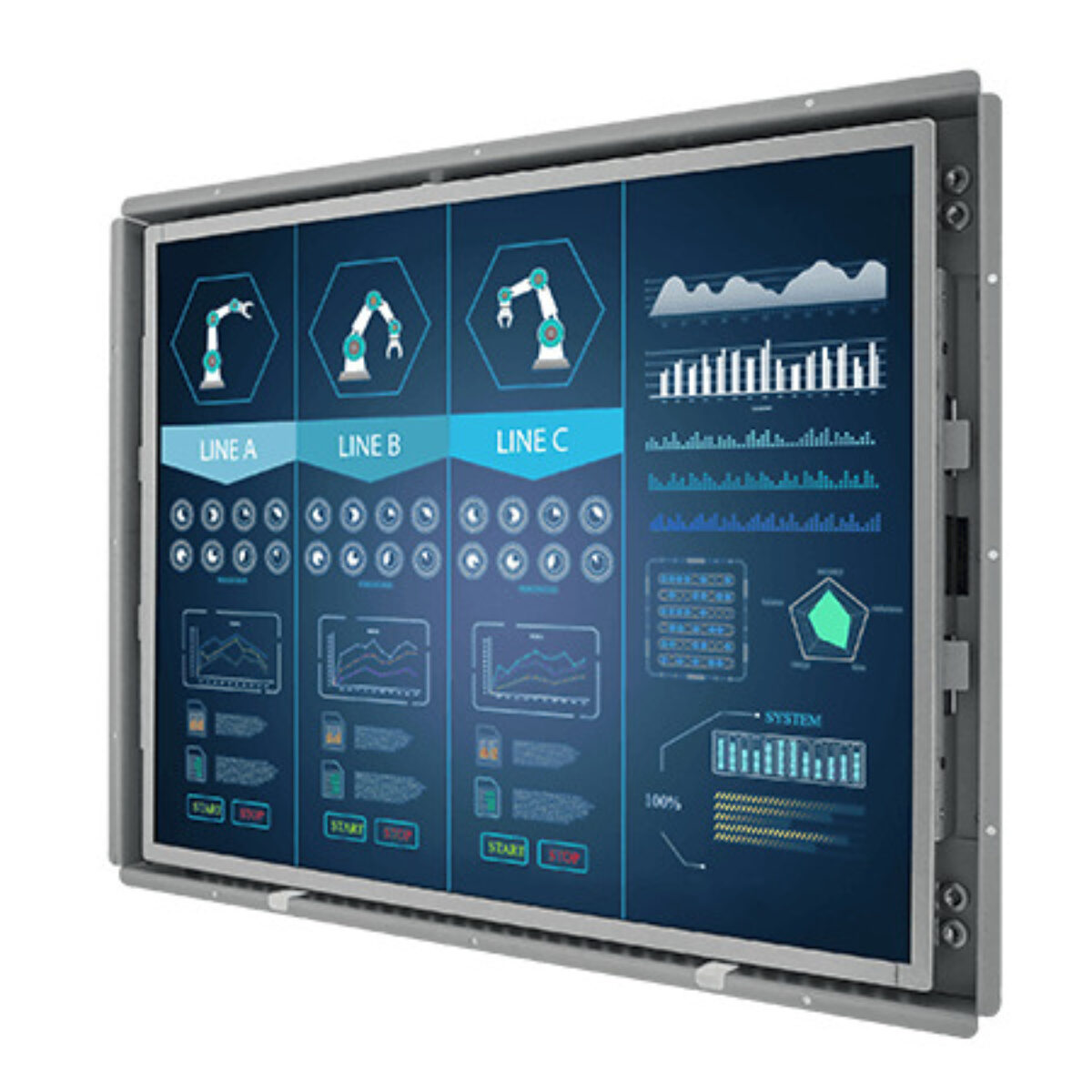 Winmate R19L300-OFA1HB open frame monitor, angled front view of the grey metal frame