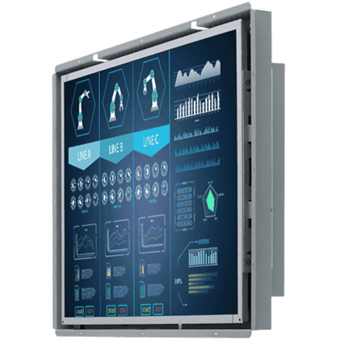 Winmate R19L300-OFM1 open frame monitor, angled front view of the metal frame