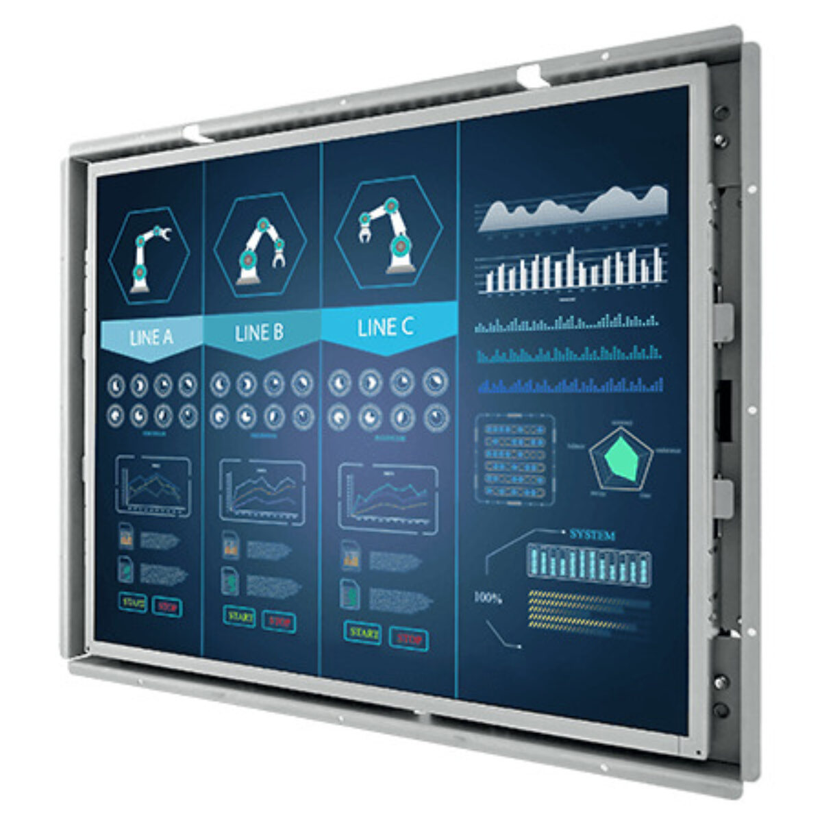 Winmate R19L300-OFM2TR transflective open frame monitor, angled front view of the metal frame