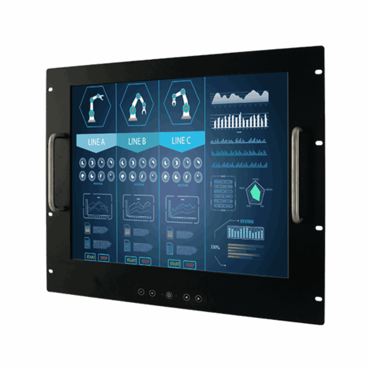 Winmate R19L300-RKM2 rack mount monitor, angled front view with rack ears and handles
