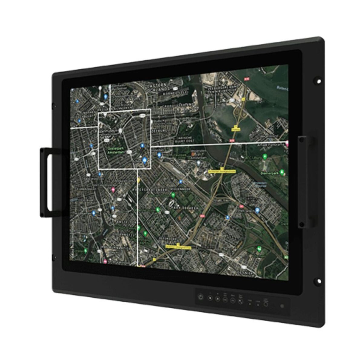 Winmate R21L100-MLM1FP rack mount monitor, angled front view with handles