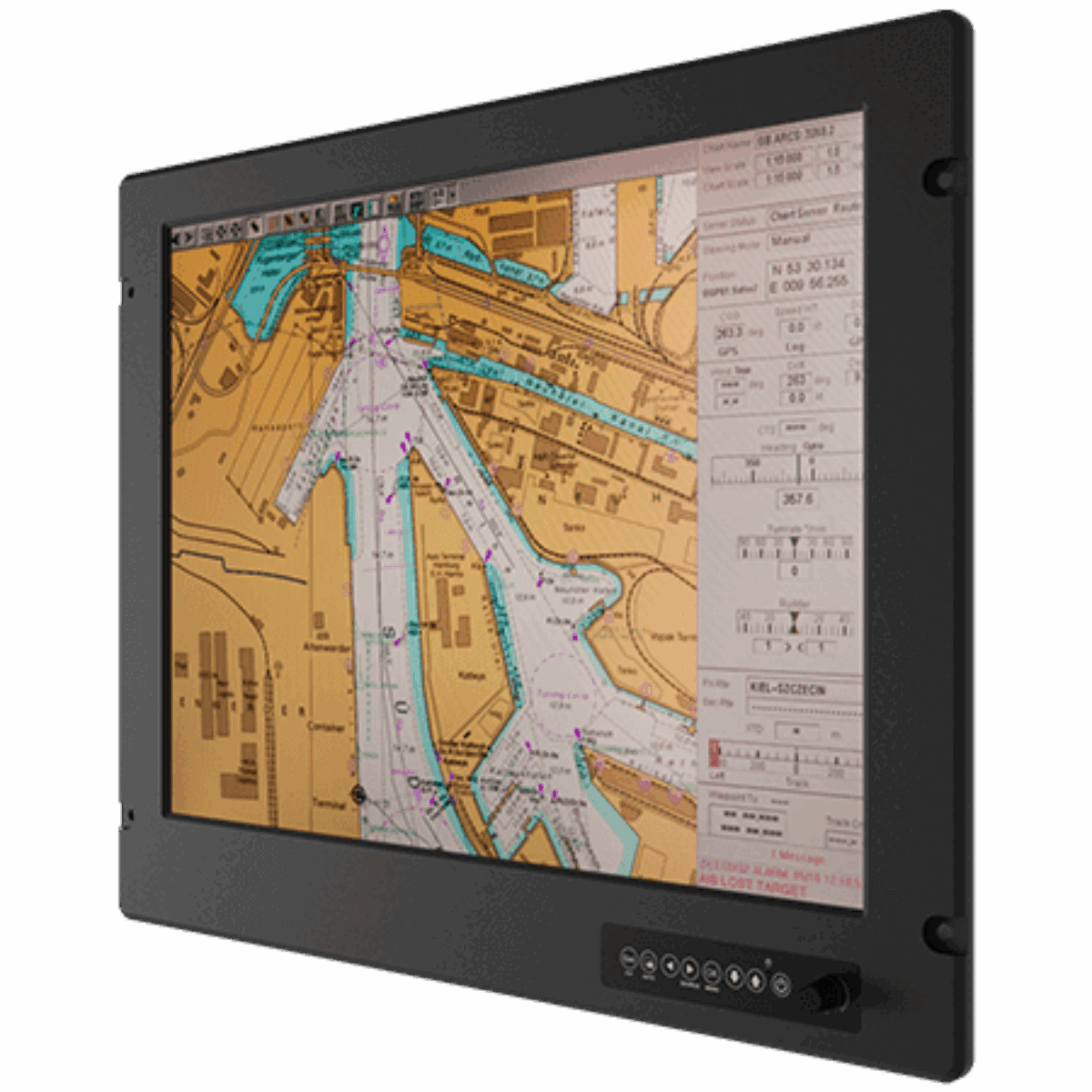 Winmate R21L100-MRM1 marine monitor, angled front view with chart on screen and dimming knob