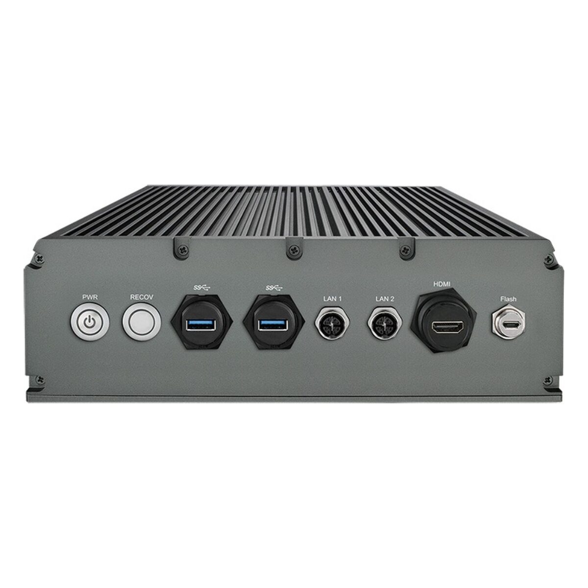Vecow RAC-1100 IP67 Jetson AGX Orin computer, front panel with sealed USB, HDMI, M12 LAN and power connectors