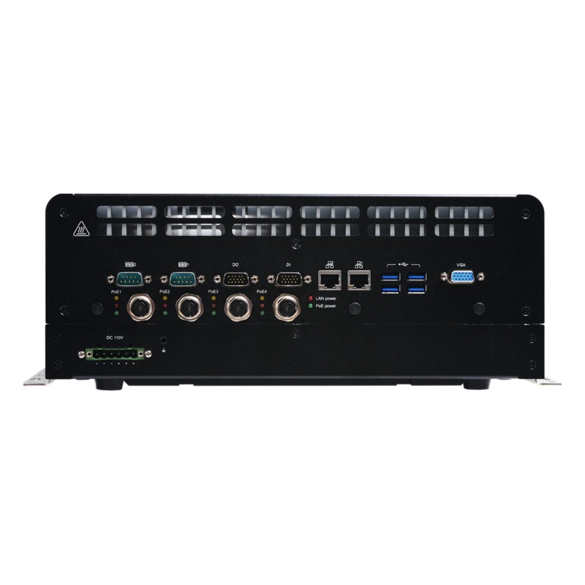 DFI RC300-CS front panel with four COM/DIO, four M12 LAN, two LAN, four USB, VGA and power block