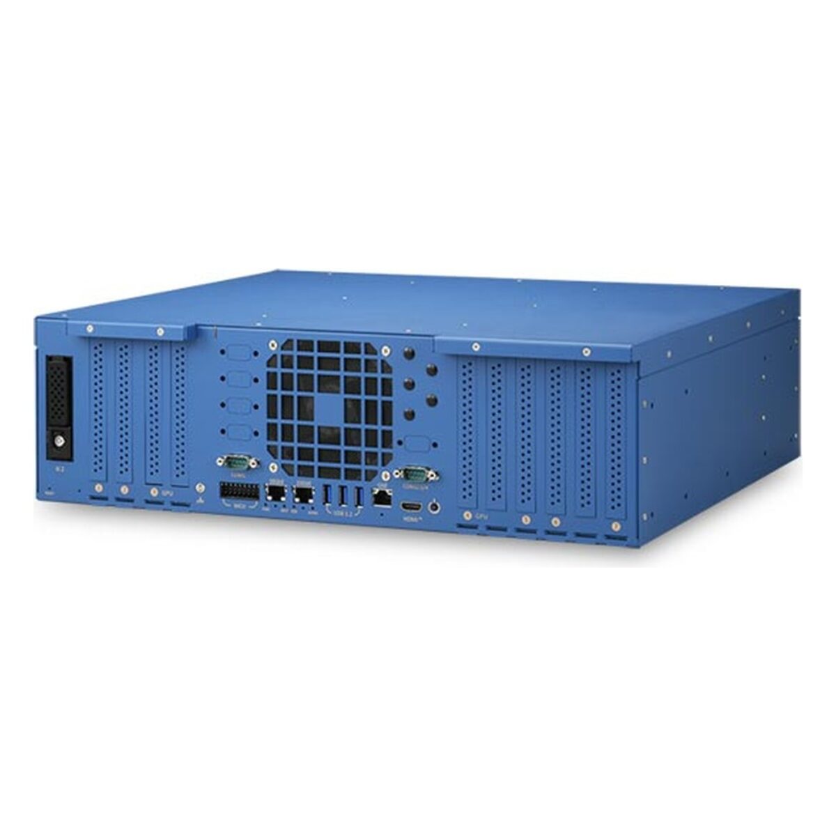 Neousys RGS-9805GC rugged HPC server, angled view of the blue 3U 19-inch chassis with front U.2 tray, PCIe slot covers and I/O panel