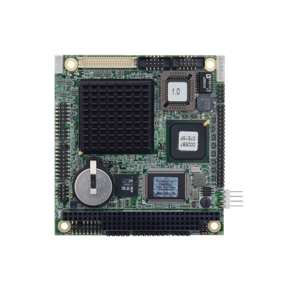 Diamond Systems RDS800-XT PC/104 SBC, top view with heat sink, battery and PC/104 connector