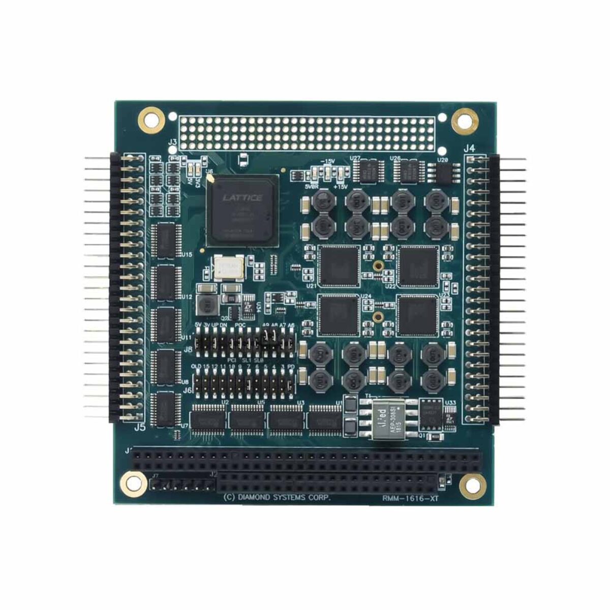 Diamond Systems RMM-1616A-XT PC/104 analog output module, top view with ISA stack connector and two I/O headers
