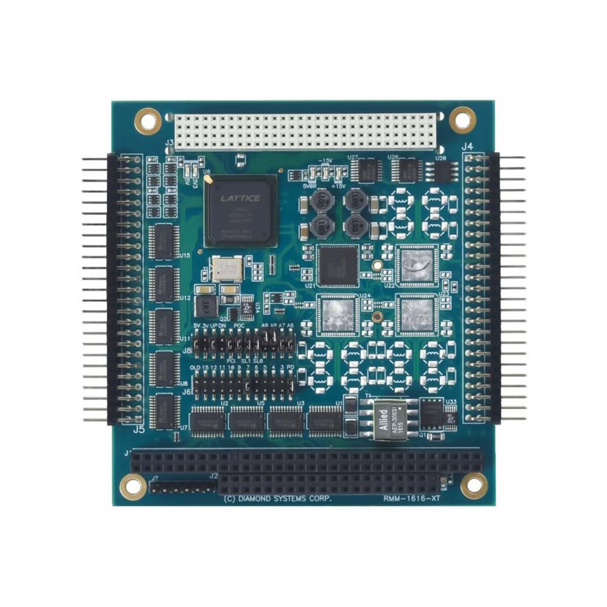 Diamond Systems RMM-416AP-XT PC/104-Plus analog output module, top view with one DAC fitted, PCI and ISA connectors