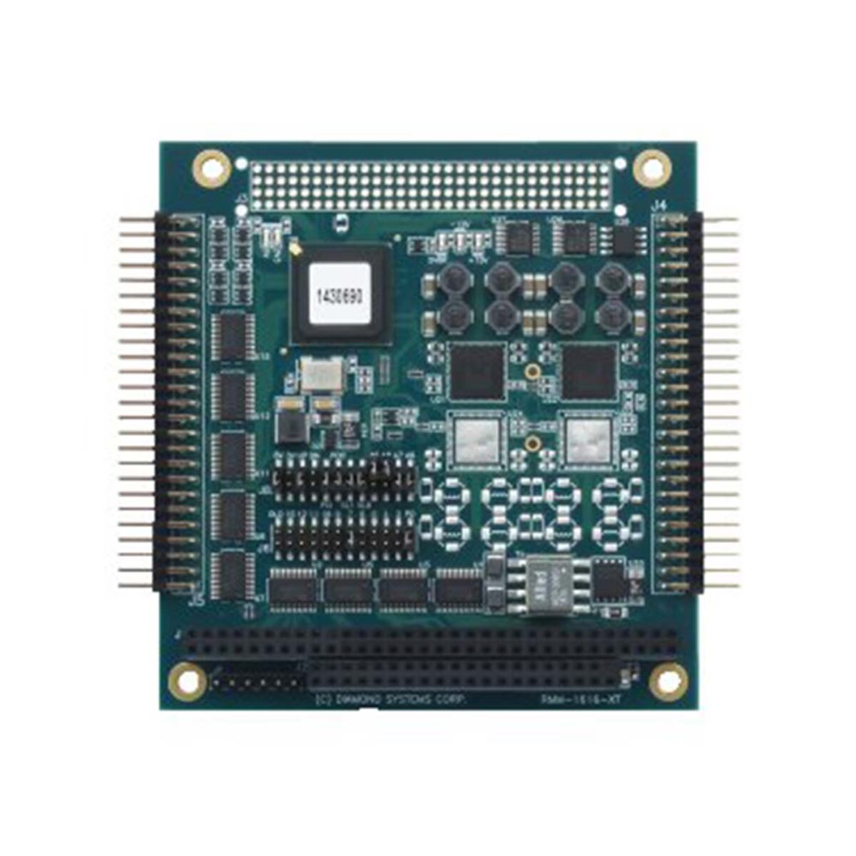Diamond Systems RMM-816A-XT PC/104 analog output module, top view with ISA stack connector and two DAC positions fitted