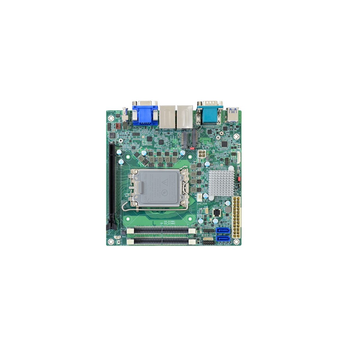 DFI RPS100 Mini-ITX motherboard, top view with LGA socket, two memory slots, PCIe x16 slot, VGA and DB9