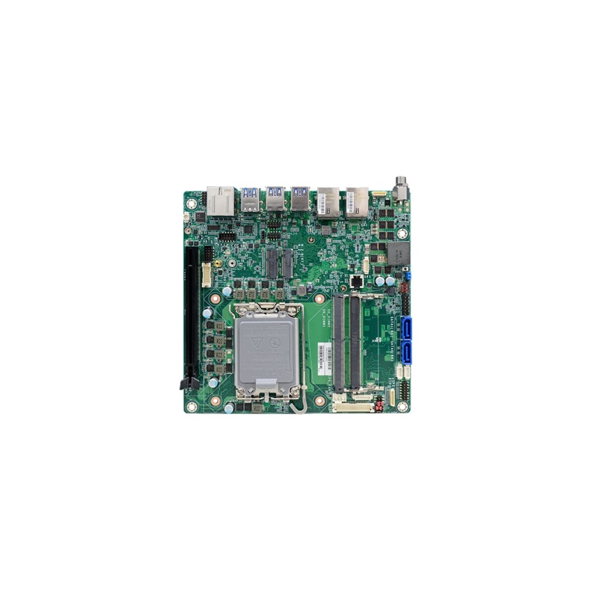 DFI RPS101 Thin Mini-ITX motherboard, top view showing the LGA socket, PCIe x16 slot, SO-DIMM slots, SATA and two RJ45