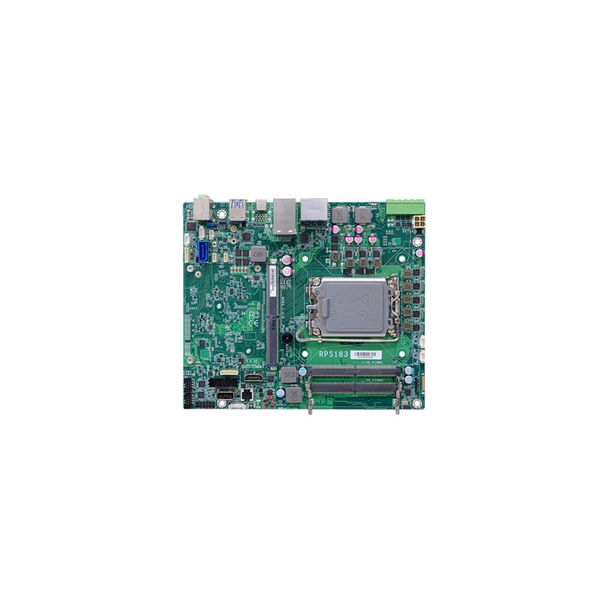 DFI RPS183 Mini-ITX motherboard, top view with LGA socket, SO-DIMM slots, M.2 slot and terminal block power input