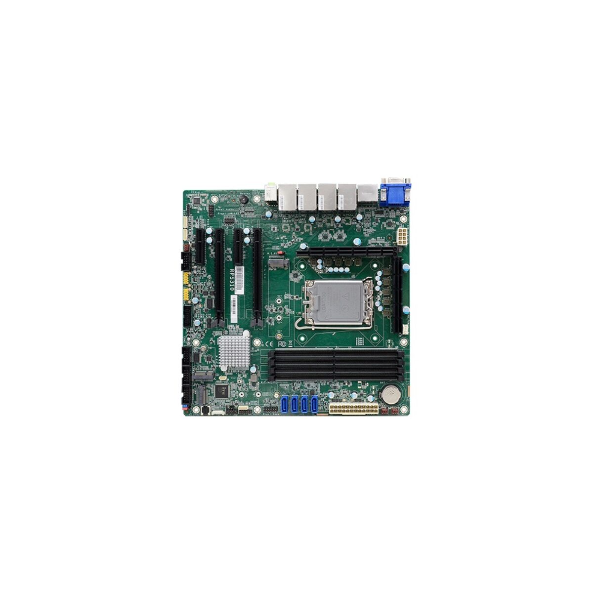 DFI RPS310 Micro-ATX motherboard, top view with LGA socket, four DIMM slots, four PCIe slots and four SATA ports