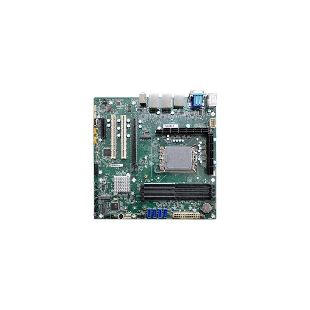 DFI RPS330 Micro-ATX motherboard, top view with LGA socket, four DIMM slots, PCIe x16 slot, two PCI slots and four SATA ports