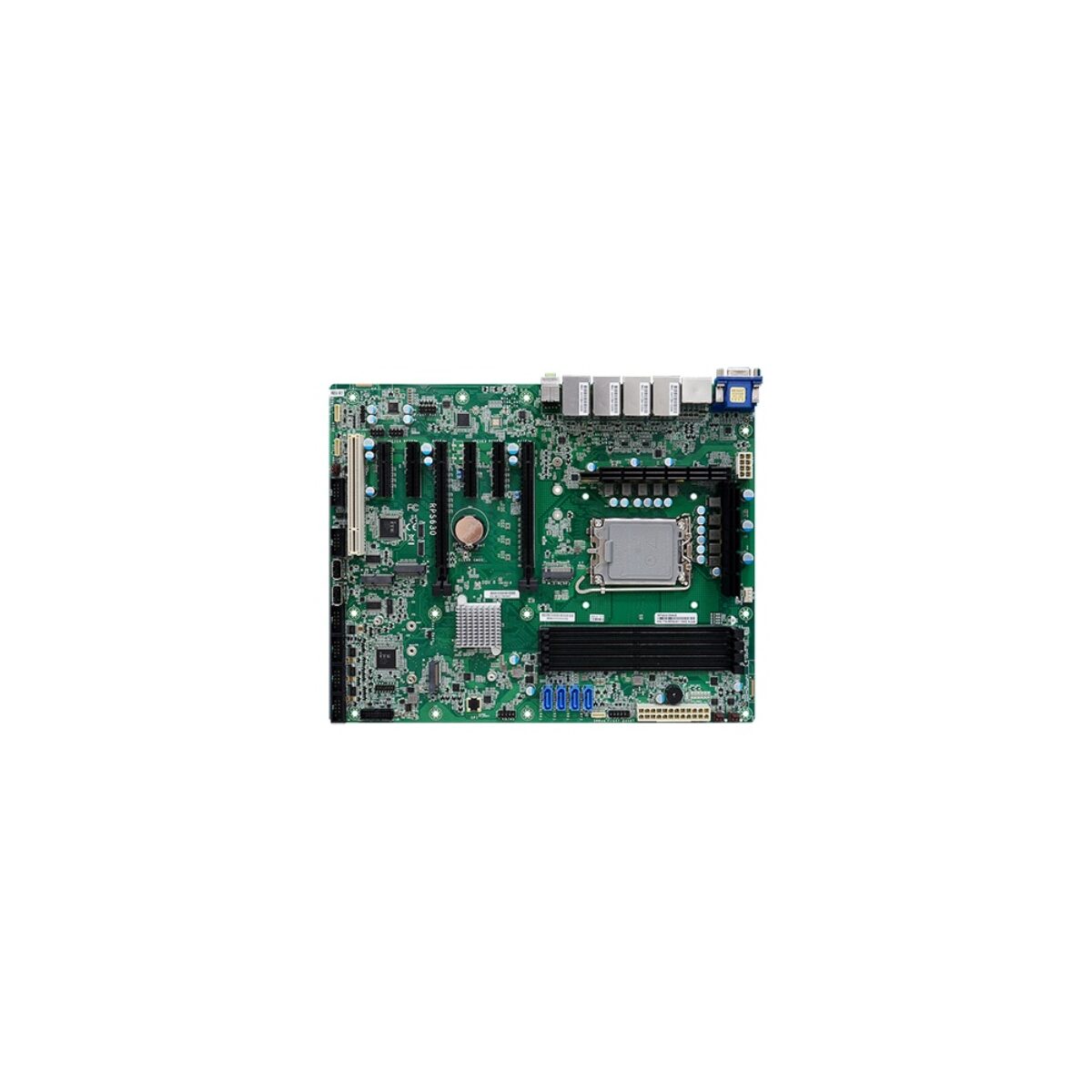 DFI RPS630 ATX motherboard, top view showing the LGA socket, four DIMM slots, PCIe and PCI slots and quad RJ45 edge