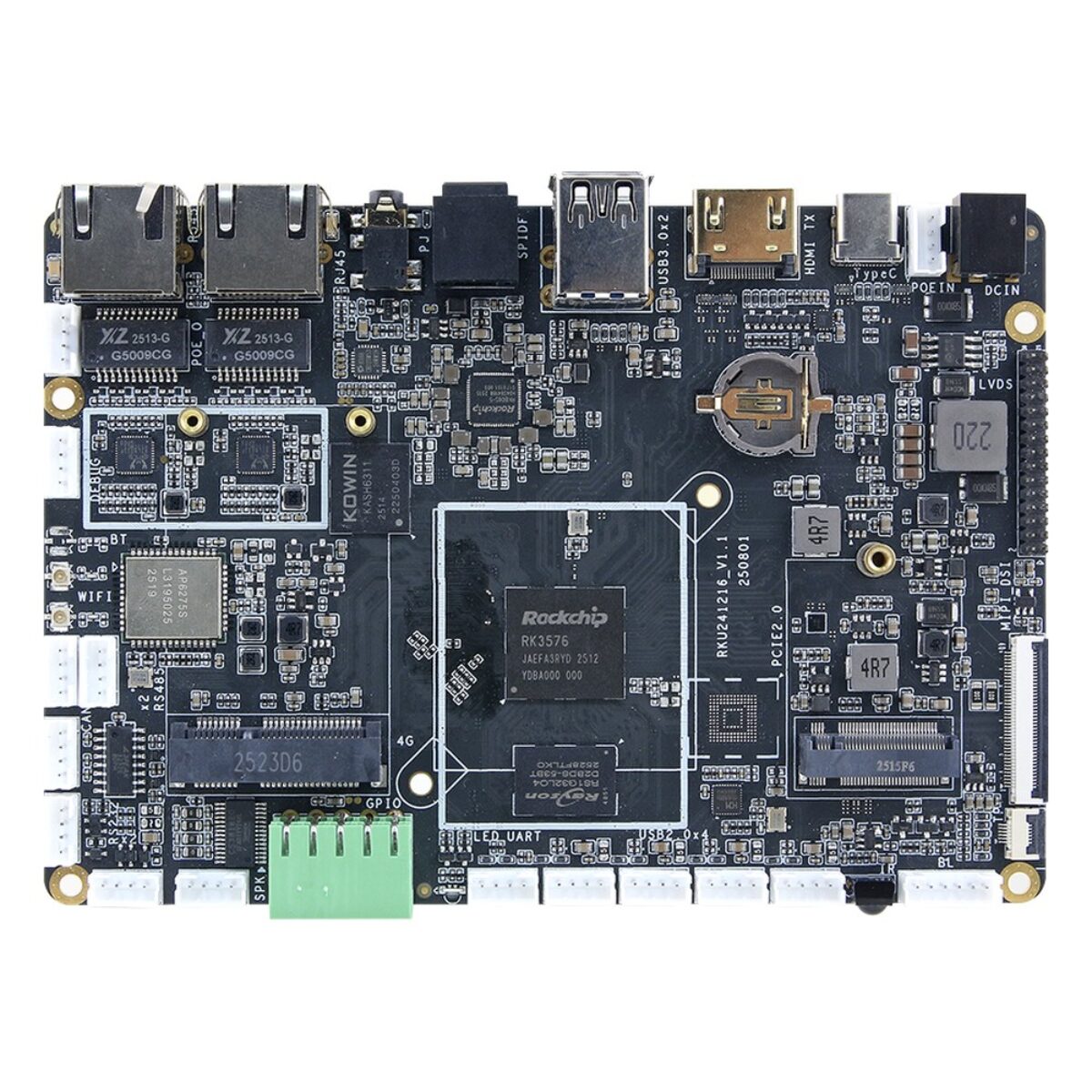 Avalue RSC-3576J 3.5" SBC, top side with Rockchip RK3576, two M.2 slots, wireless module, GPIO terminal and dual RJ45