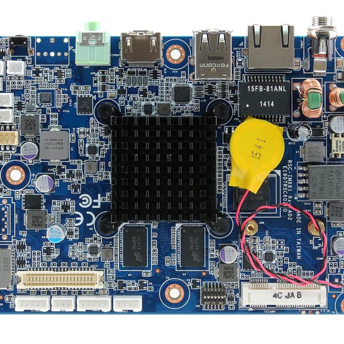 Avalue RSC-IMX61 3.5" SBC, top side with passive heatsink, coin cell battery, HDMI, USB, RJ45 and Mini PCIe socket