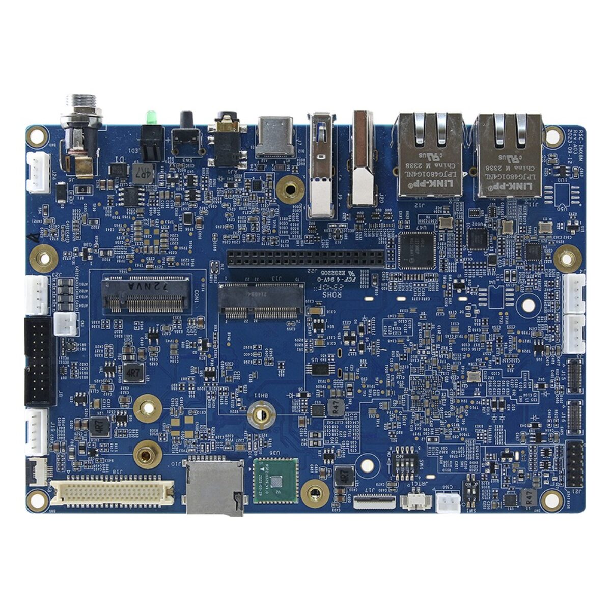 Avalue RSC-IMX8M 3.5" SBC, top side with 40-pin header, two M.2 slots, LVDS connector, microSD slot and dual RJ45