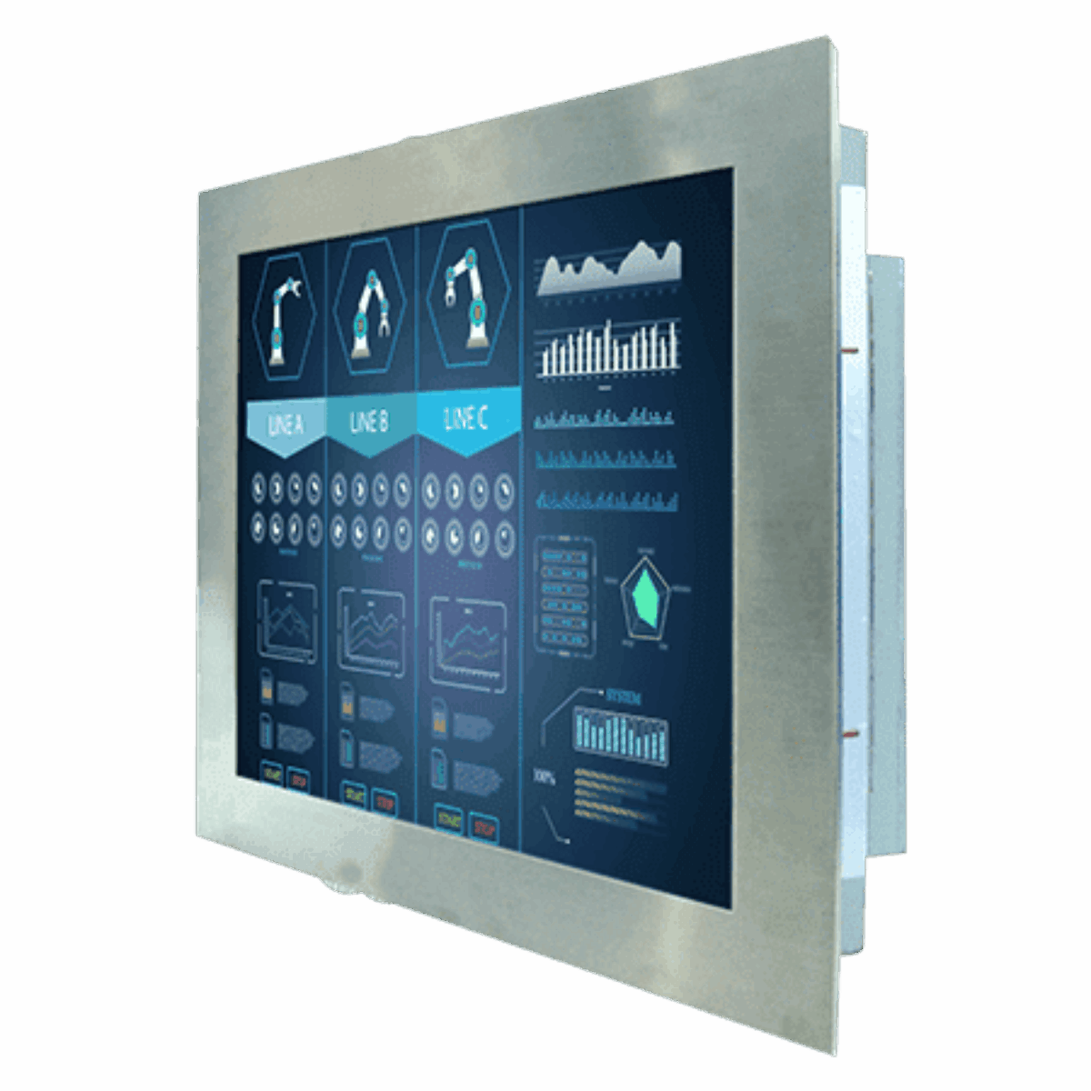 Winmate S17L500-STM1 stainless panel mount monitor, angled front view of the brushed stainless bezel