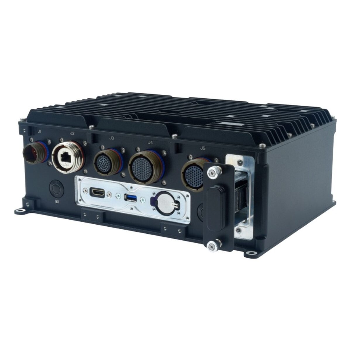 Diamond Systems SabreCom-CE1 rugged mission computer with managed Ethernet switch, angled view with the removable SSD tray pulled out and the service panel open