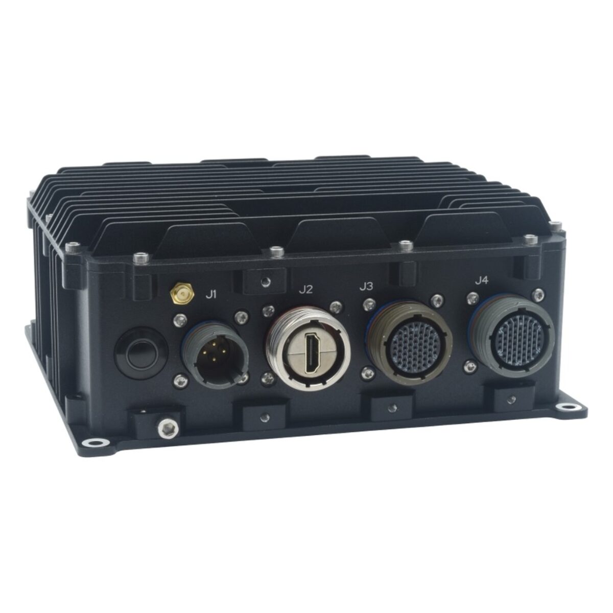 Diamond Systems SabreCom-JRS compact rugged x86 mission computer, angled front view of the J1 power, J2 HDMI, J3 I/O and J4 Flex I/O D38999 connectors