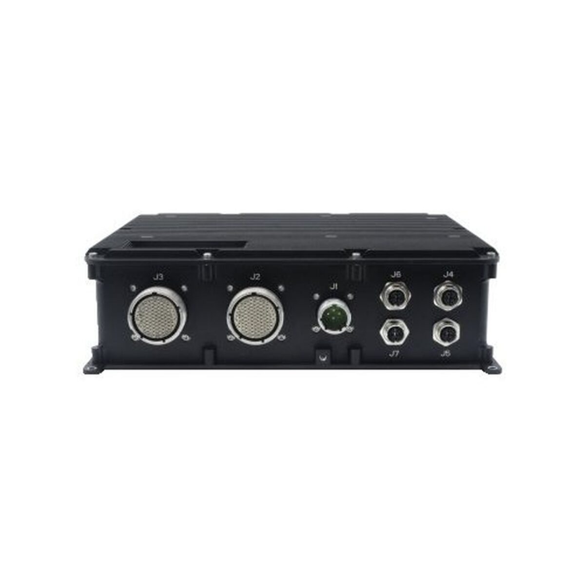 Diamond Systems SABRENET-24000 rugged Ethernet switch, front with three circular connectors and four M12 sockets