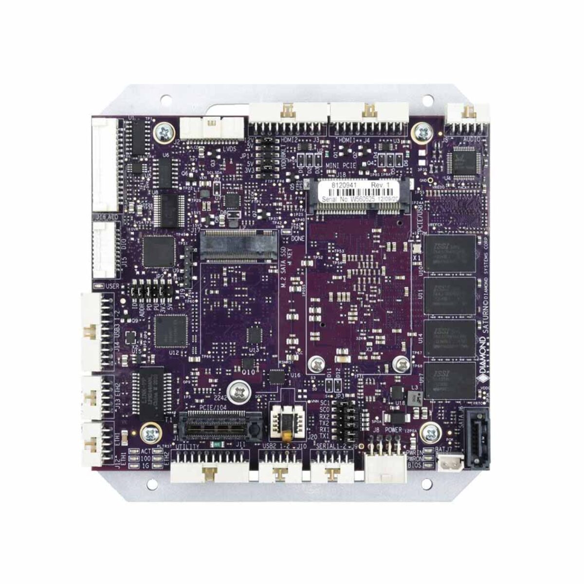 Diamond Systems SATURN PCIe/104 SBC, top view on its heat spreader with HDMI, LVDS and M.2 sockets
