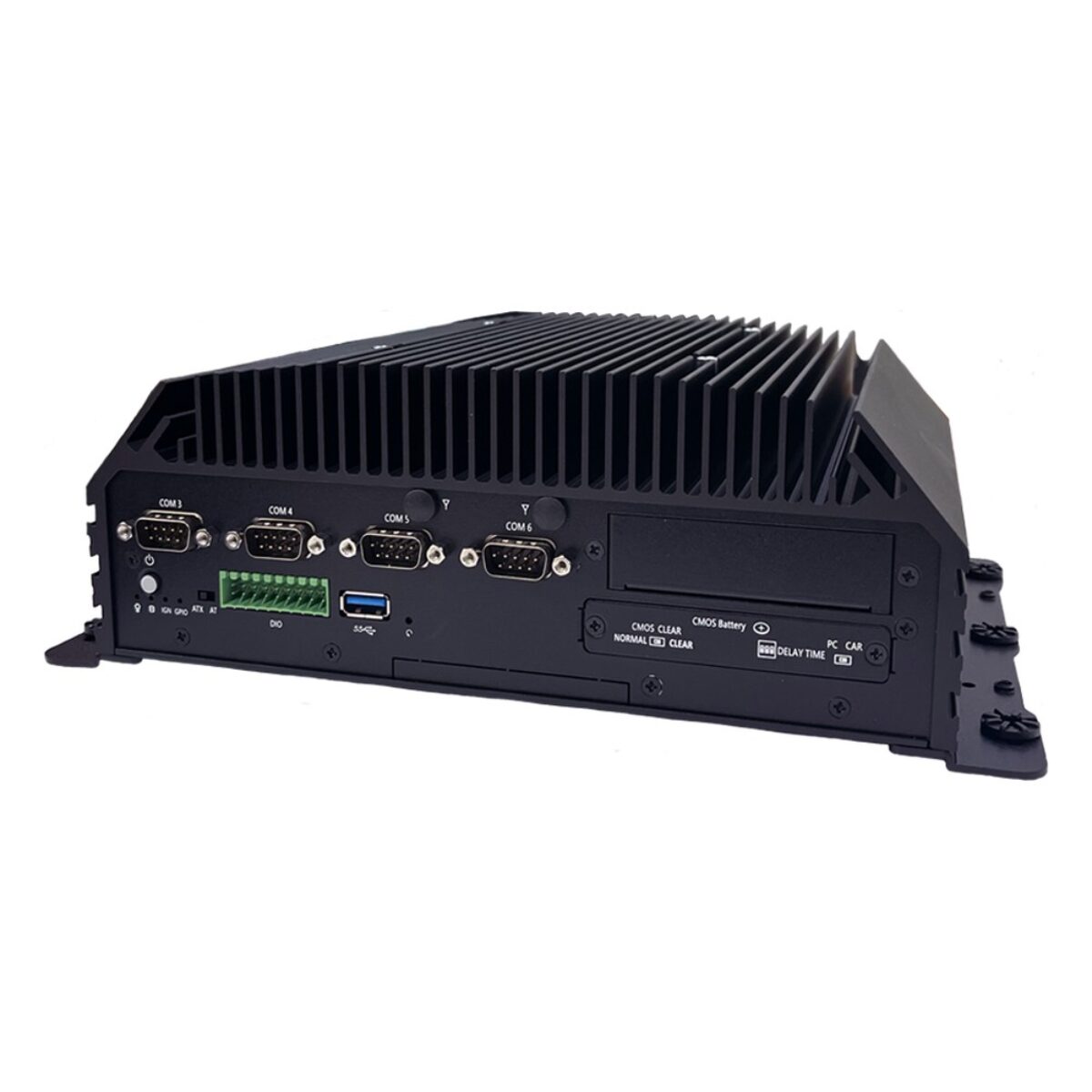 Arestech SB-5000 rugged fanless PC, angled front with four DB9 COM ports, DIO terminal block, USB 3 and drive bay