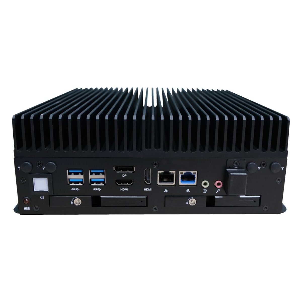 Arestech SB-5512 fanless industrial PC, straight-on front with USB 3, DisplayPort, dual HDMI, dual RJ45 and drive trays
