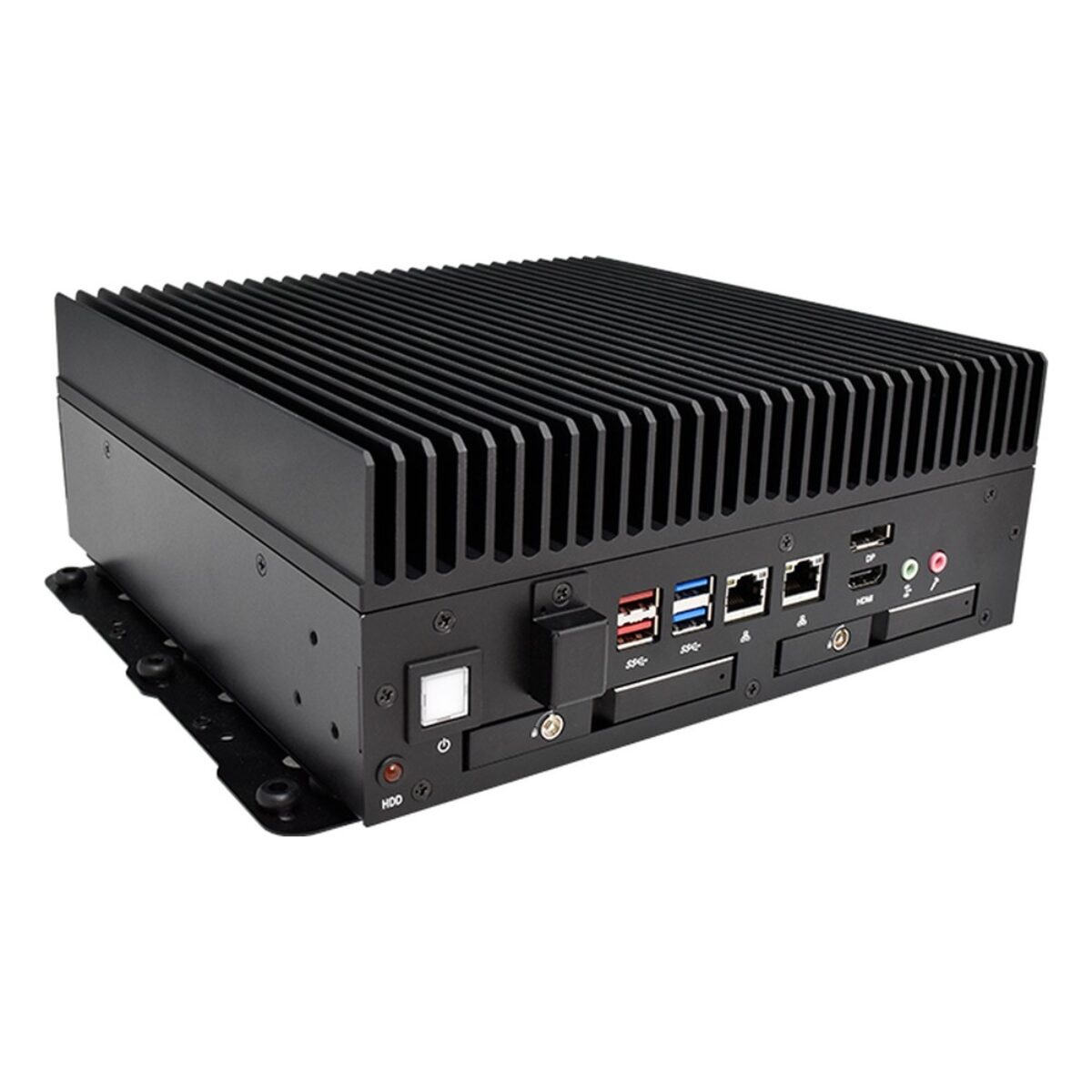 Arestech SB-5516 fanless embedded PC, left-angled front with USB, dual RJ45, DisplayPort, HDMI and drive trays