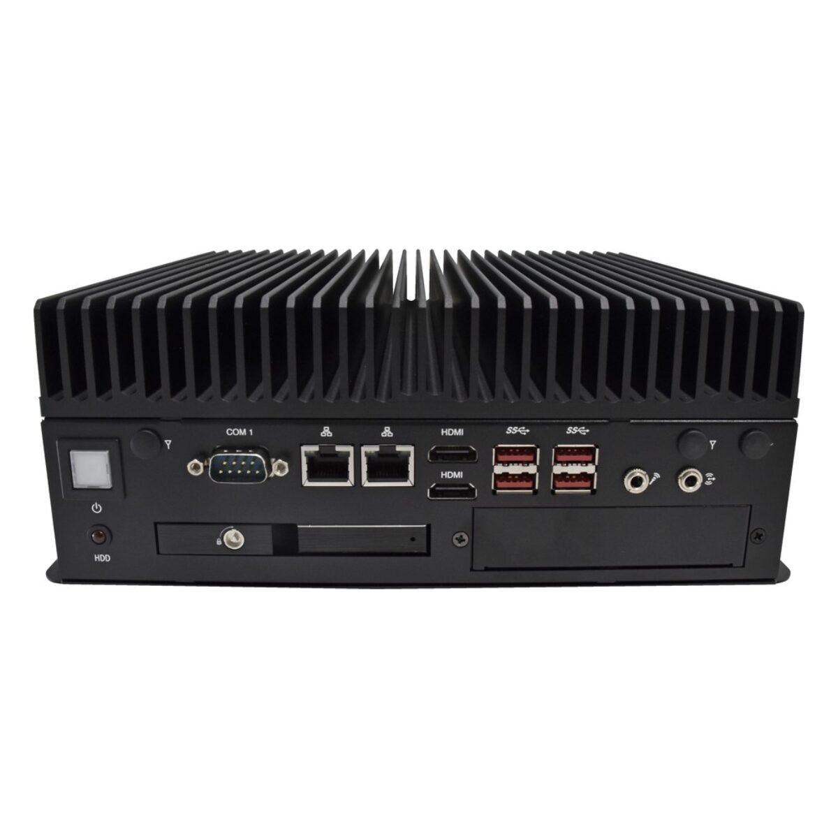 Arestech SB-5612 fanless box PC, straight-on front with DB9 COM, dual RJ45, dual HDMI, four USB 3 and drive tray