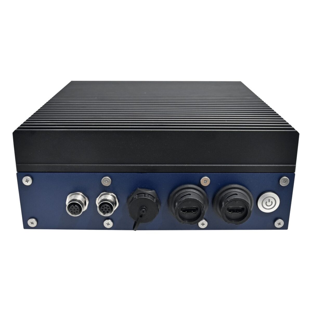 Arestech SB-5825B waterproof computer, I/O side with two M12 connectors, a capped port, two sealed HDMI and power button