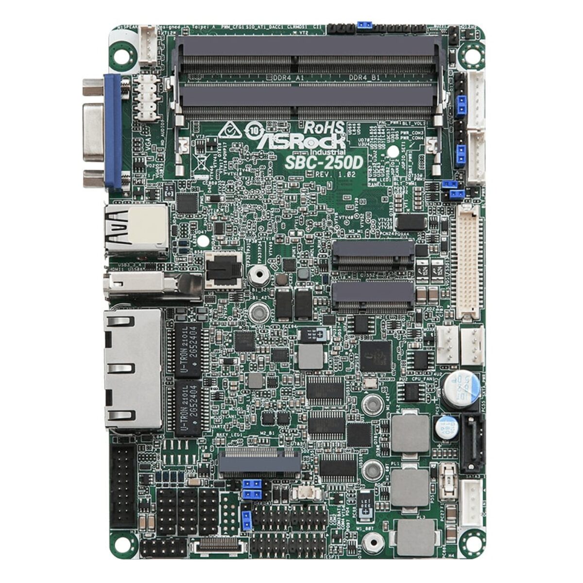 ASRock Industrial SBC-250 3.5" SBC, top view with SBC-250D silkscreen