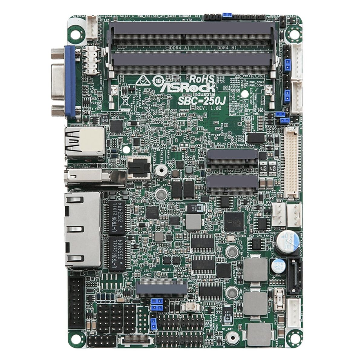 ASRock Industrial SBC-250 3.5" SBC, top view with SBC-250J silkscreen and two SO-DIMM sockets