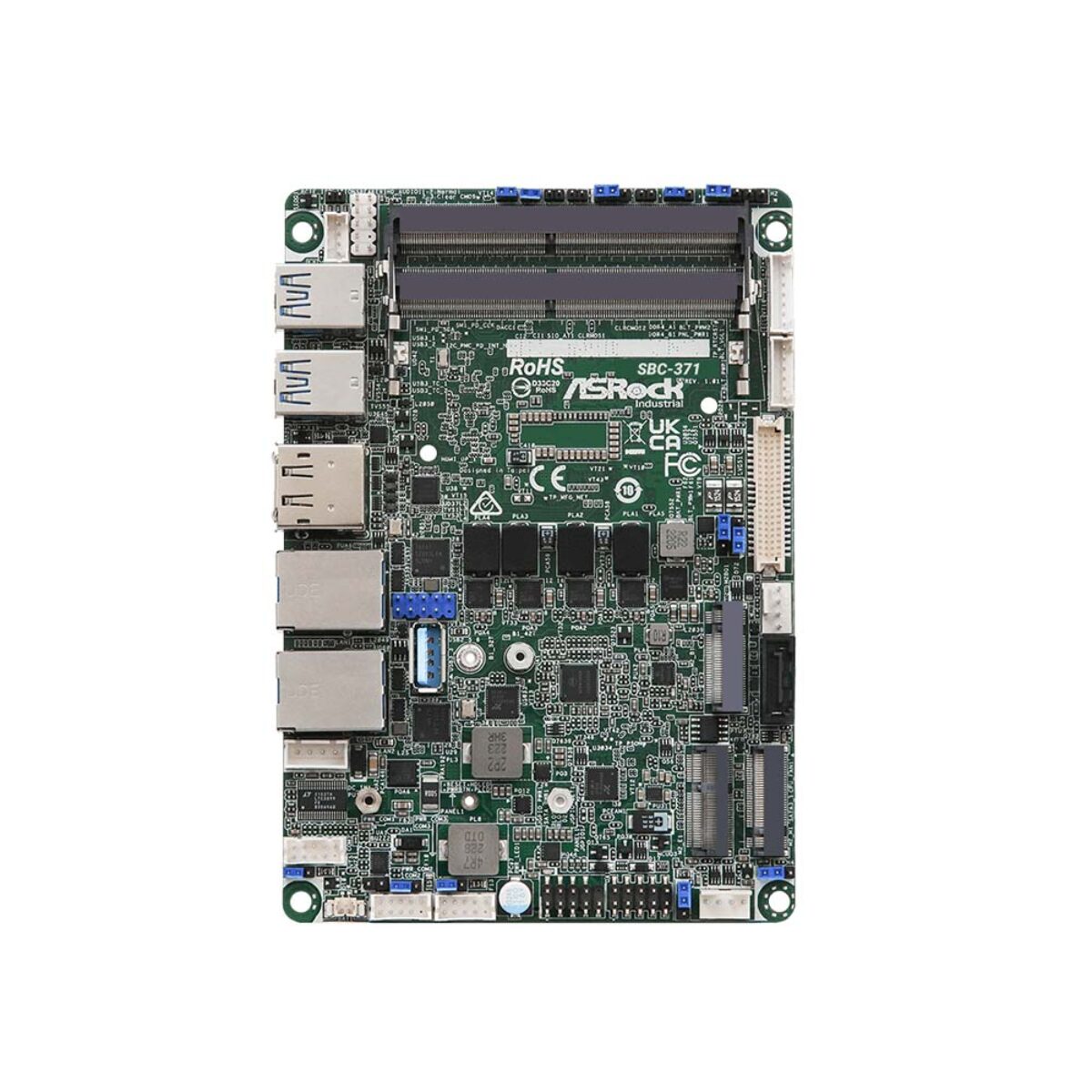 ASRock Industrial SBC-371 3.5" SBC, top view with two SO-DIMM sockets and M.2 slots