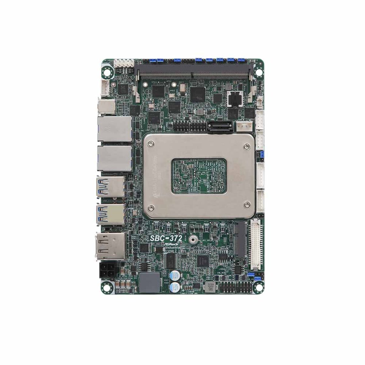 ASRock Industrial SBC-372 3.5" SBC, top view with SO-DIMM socket and metal plate at centre