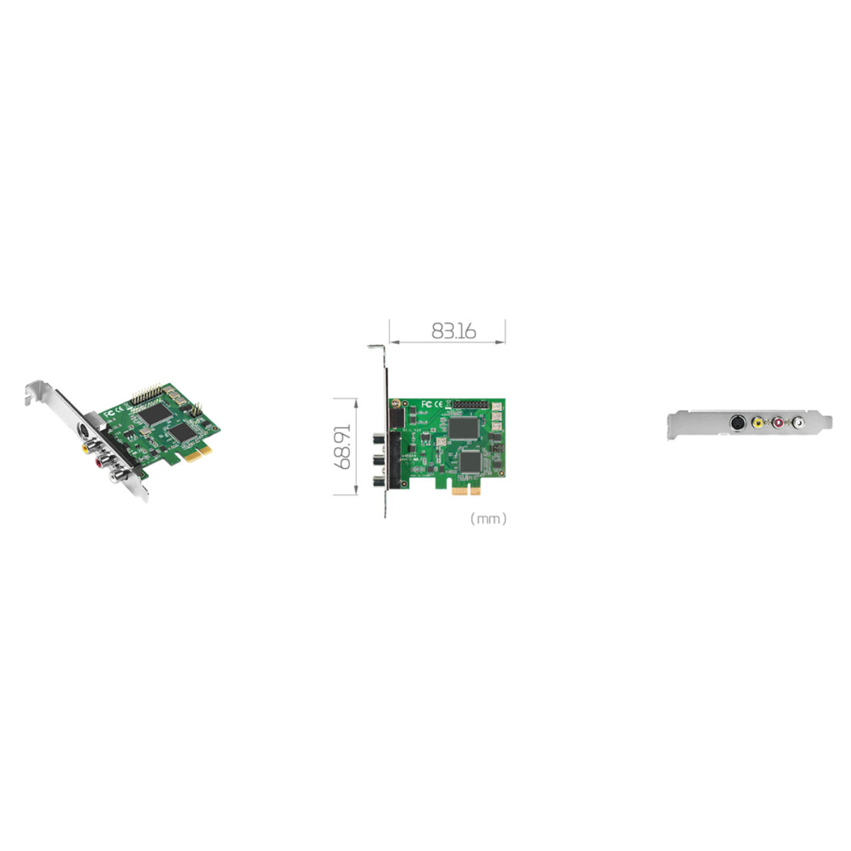 Yuan SC300N1-L PCIe capture card, angled view, dimension drawing and bracket with S-Video and RCA connectors