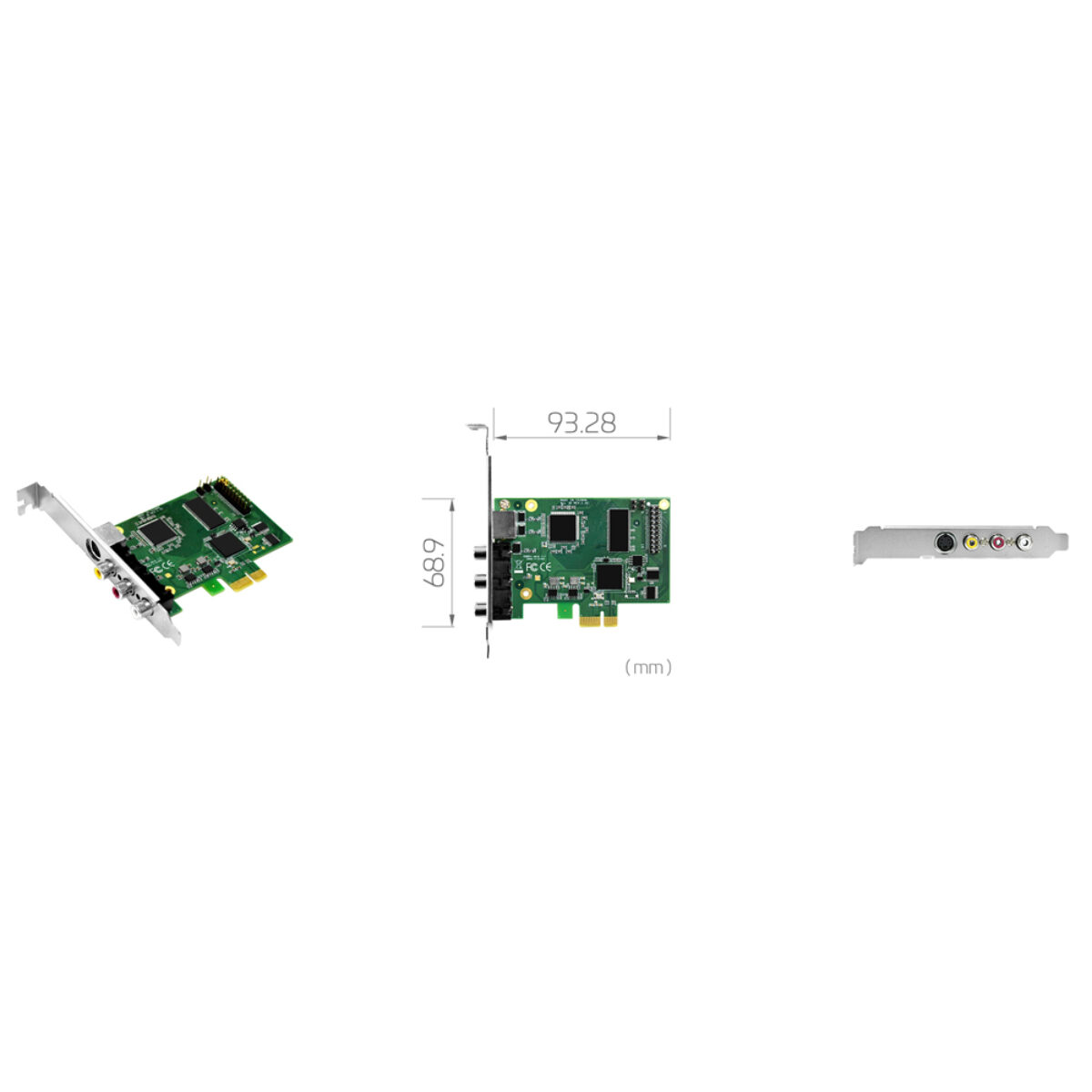 Yuan SC350N1-L 3D PCIe capture card, angled view, dimension drawing and bracket with S-Video and RCA connectors