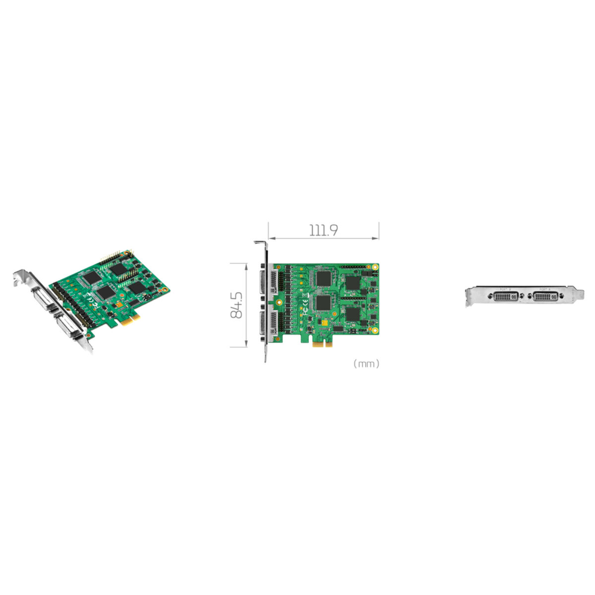 Yuan SC350N16 PCIe capture card, angled view, dimension drawing and bracket with two high-density connectors